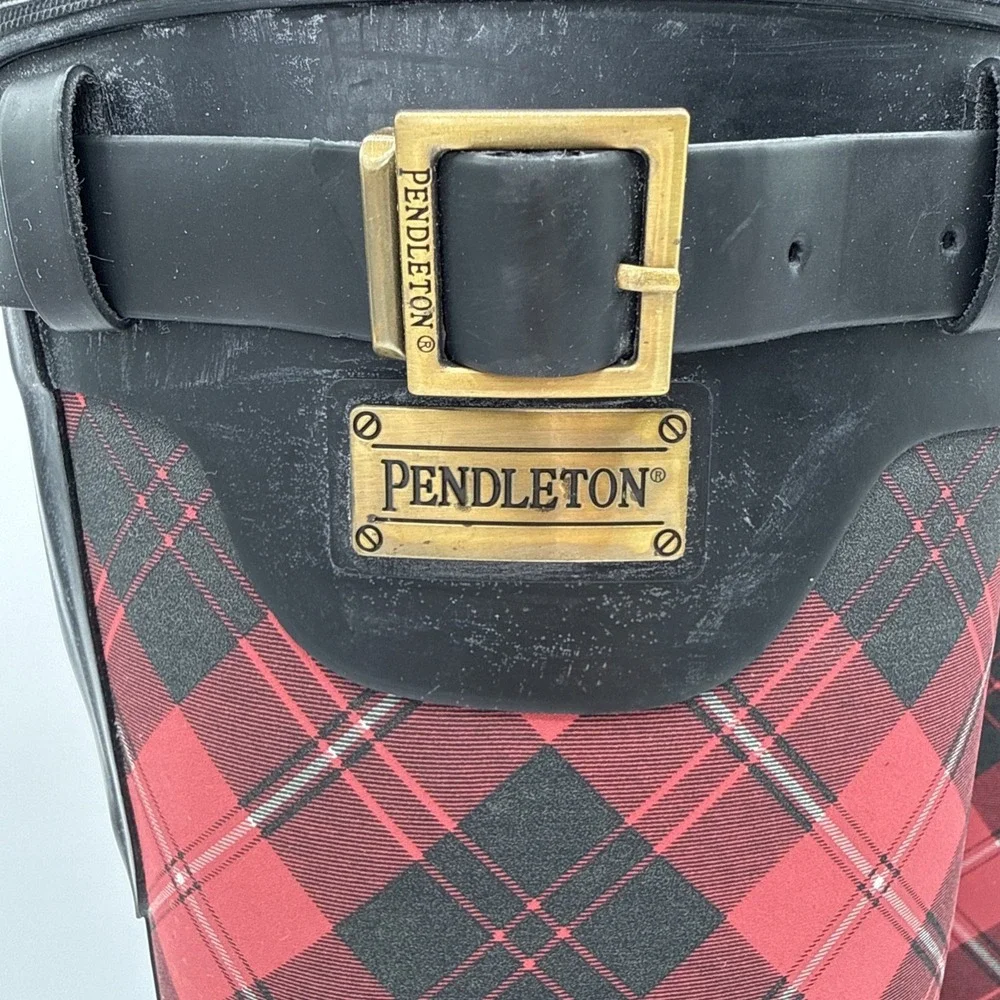 Pendleton Heritage Tall Rubber Rain Boots Red/Black Tartan‎ Women's Sz 8